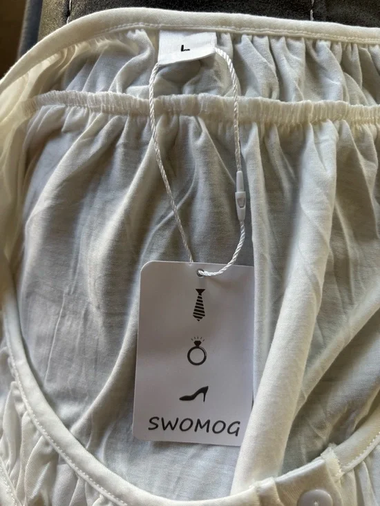 Boutique White Minimalist Sleeveless Nightgown Sz L Ruffle Hem 4 Button Neck - Picture 5 of 8